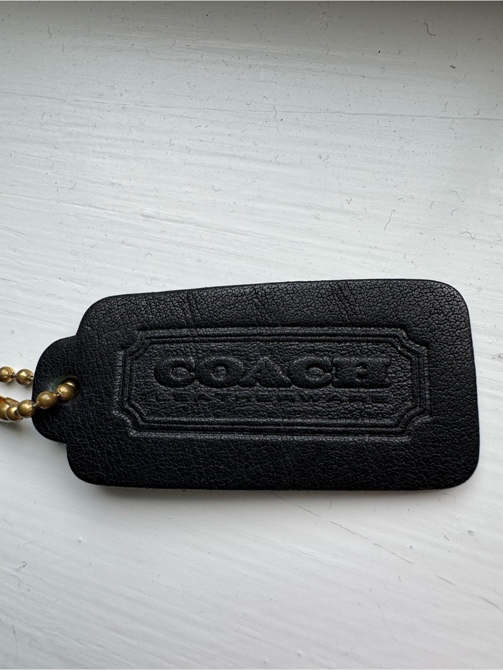 Vintage Coach Black Leather One-Sided Hang Tag with Brass Chain, Pre-1994